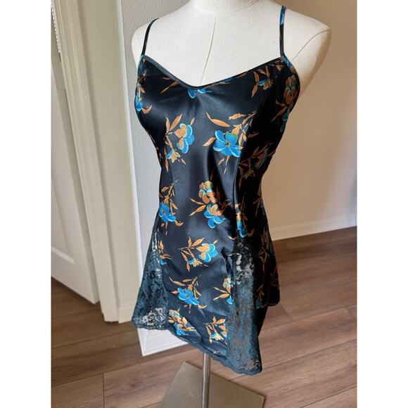 Vintage Victorias Secret Gold Label Slip Mini Dress M Dark Blue Y2K Floral Satin - Picture 2 of 16
